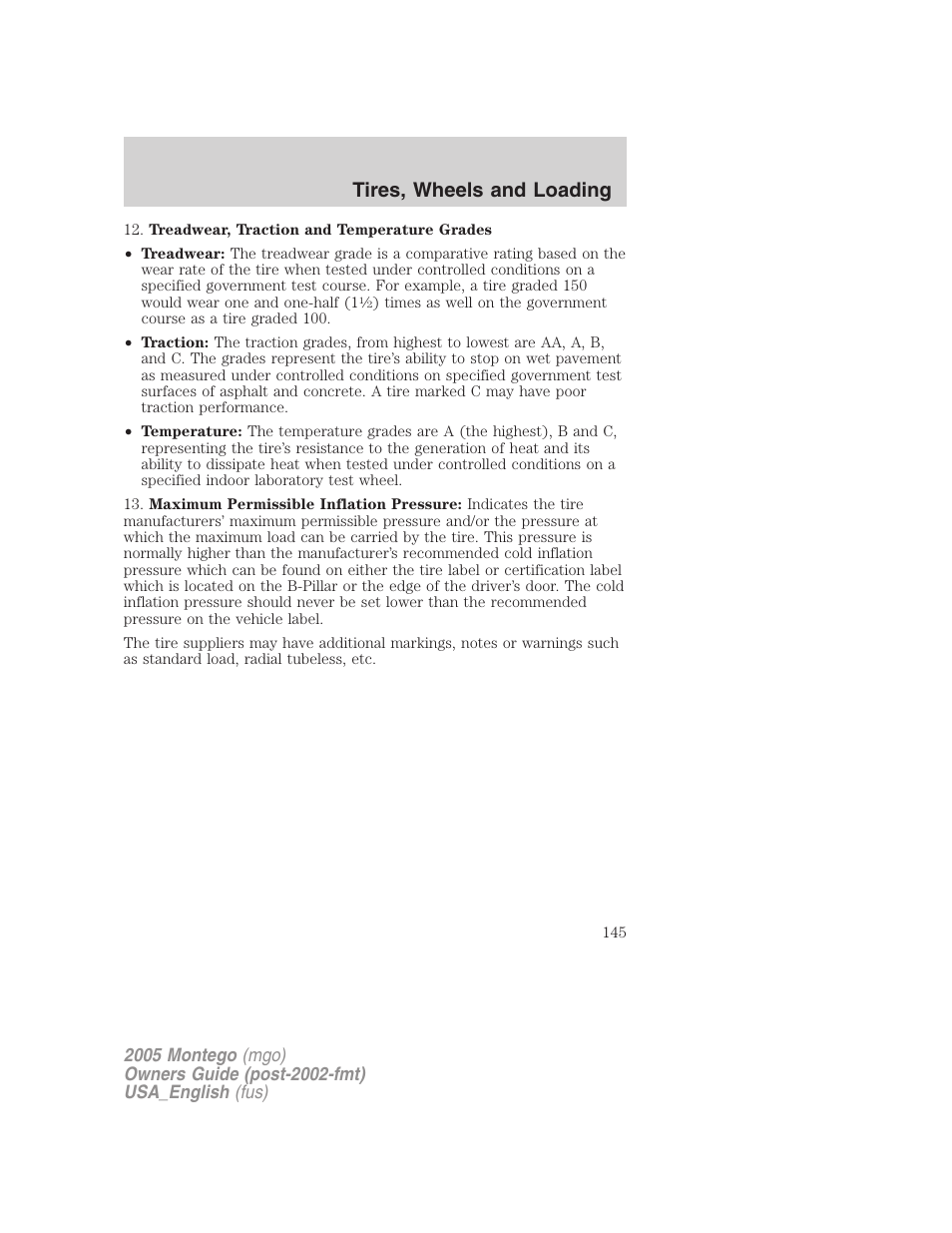 Tires, wheels and loading | Mercury Mountaineer 2005 User Manual | Page 145 / 264