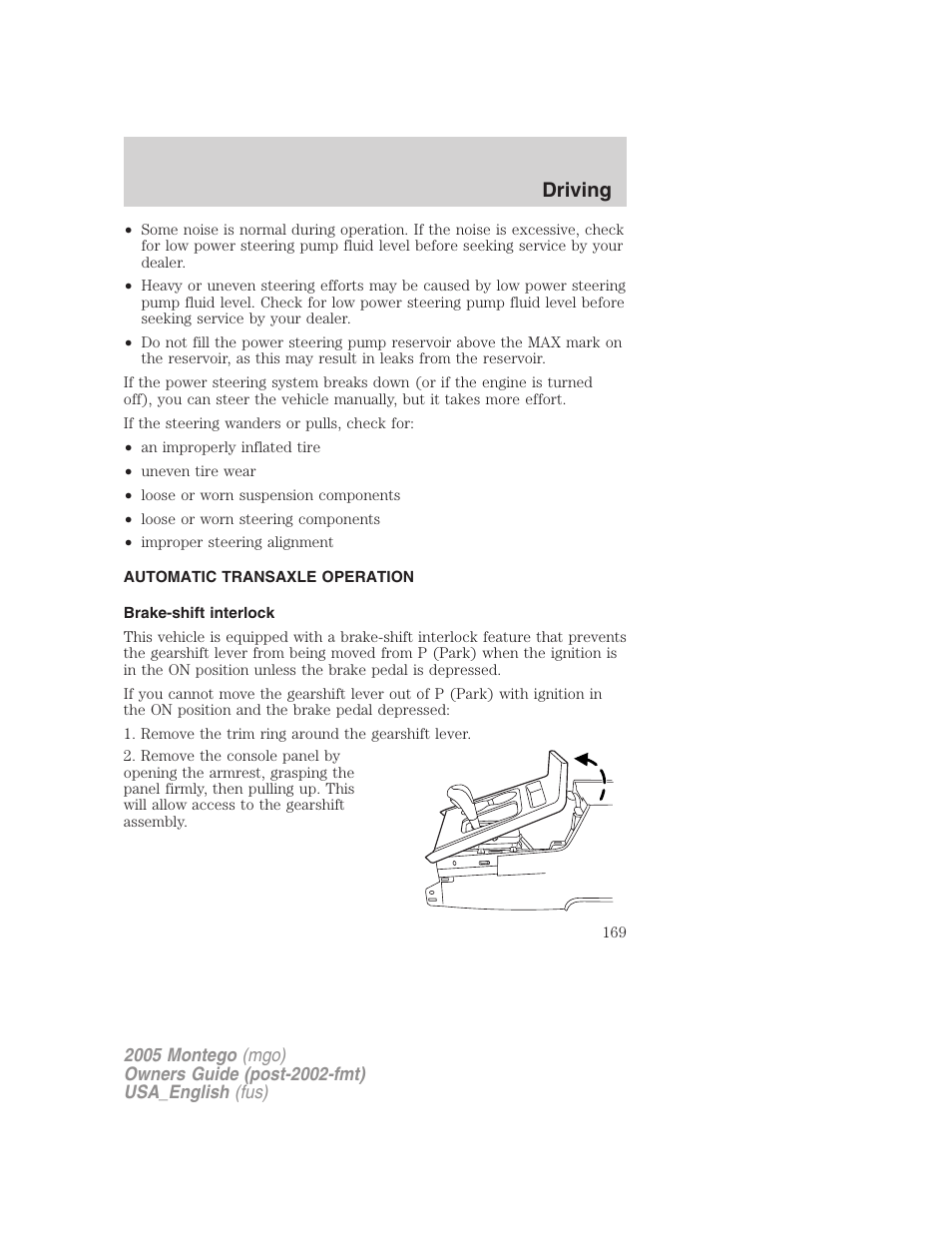 Automatic transaxle operation, Brake-shift interlock, Transmission operation | Driving | Mercury Mountaineer 2005 User Manual | Page 169 / 264