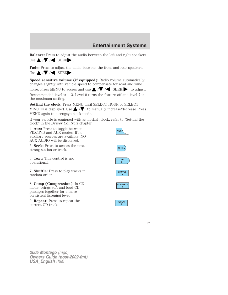 Entertainment systems | Mercury Mountaineer 2005 User Manual | Page 17 / 264