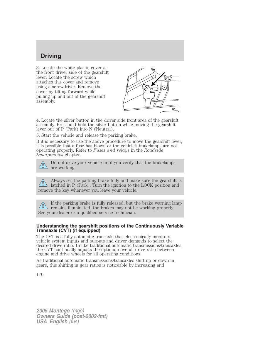 Driving | Mercury Mountaineer 2005 User Manual | Page 170 / 264