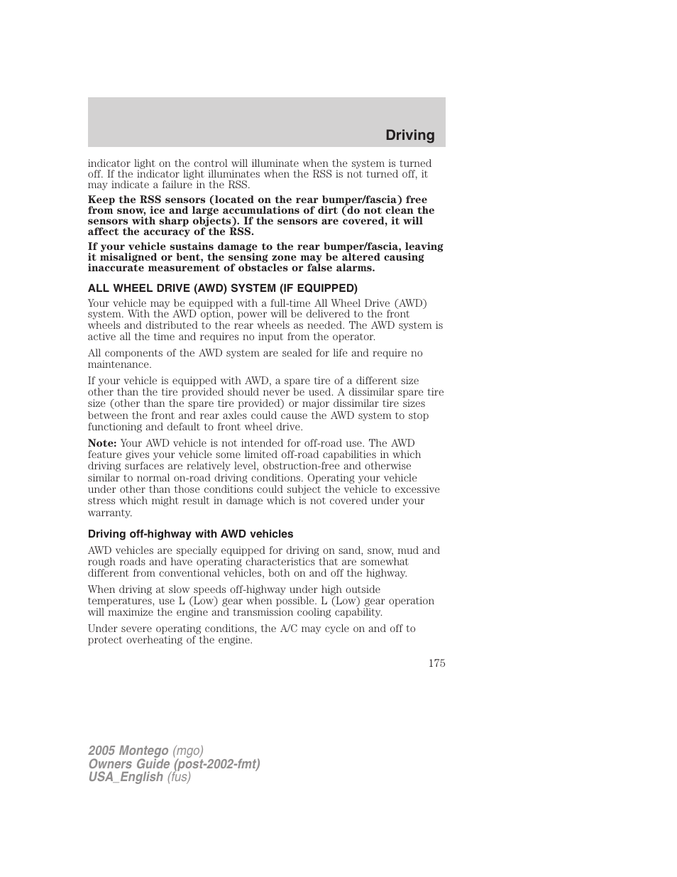 All wheel drive (awd) system (if equipped), Driving off-highway with awd vehicles, Driving | Mercury Mountaineer 2005 User Manual | Page 175 / 264