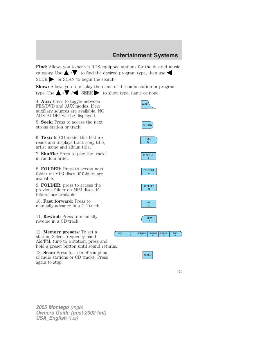 Entertainment systems | Mercury Mountaineer 2005 User Manual | Page 21 / 264