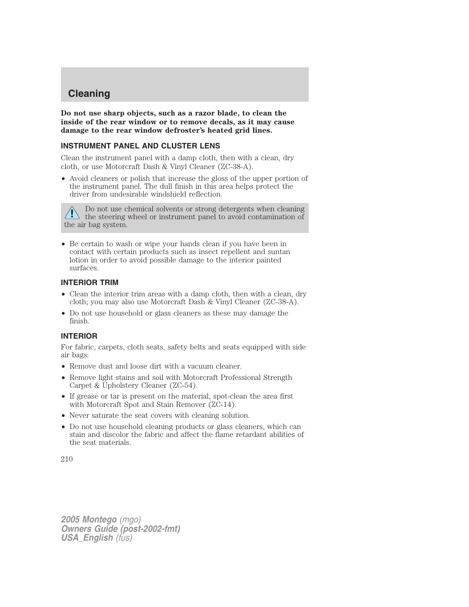 Instrument panel and cluster lens, Interior trim, Interior | Cleaning | Mercury Mountaineer 2005 User Manual | Page 210 / 264