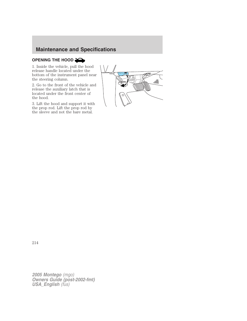 Opening the hood, Maintenance and specifications | Mercury Mountaineer 2005 User Manual | Page 214 / 264
