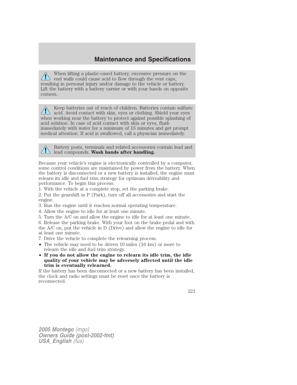Maintenance and specifications | Mercury Mountaineer 2005 User Manual | Page 221 / 264