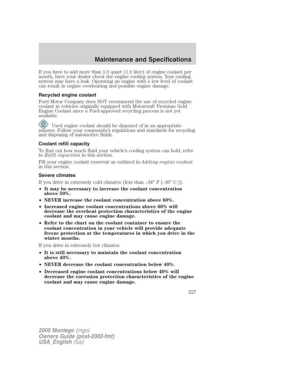 Recycled engine coolant, Coolant refill capacity, Severe climates | Maintenance and specifications | Mercury Mountaineer 2005 User Manual | Page 227 / 264