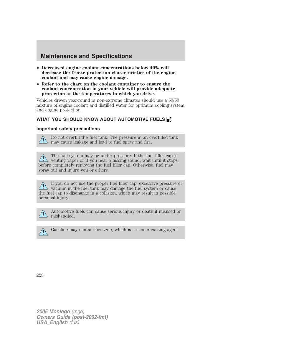 What you should know about automotive fuels, Important safety precautions, Fuel information | Maintenance and specifications | Mercury Mountaineer 2005 User Manual | Page 228 / 264