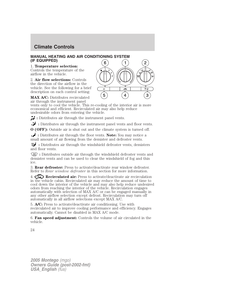 Climate controls, Manual heating and air conditioning | Mercury Mountaineer 2005 User Manual | Page 24 / 264