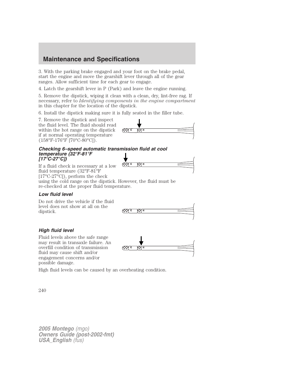 Low fluid level, High fluid level, Maintenance and specifications | Mercury Mountaineer 2005 User Manual | Page 240 / 264