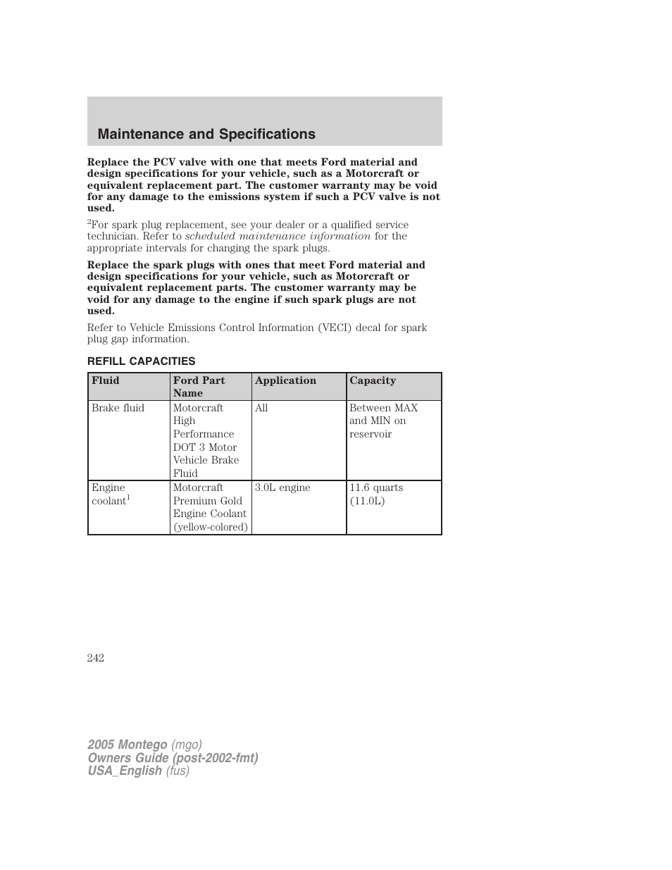 Refill capacities, Maintenance and specifications | Mercury Mountaineer 2005 User Manual | Page 242 / 264