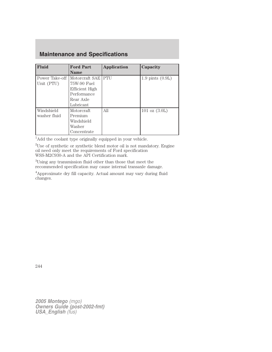 Maintenance and specifications | Mercury Mountaineer 2005 User Manual | Page 244 / 264