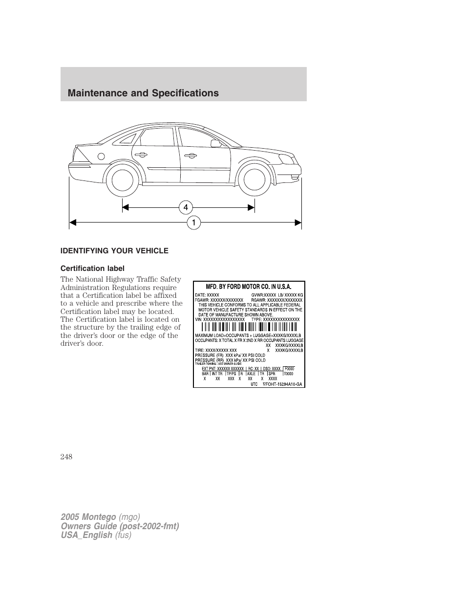 Identifying your vehicle, Certification label, Maintenance and specifications | Mercury Mountaineer 2005 User Manual | Page 248 / 264