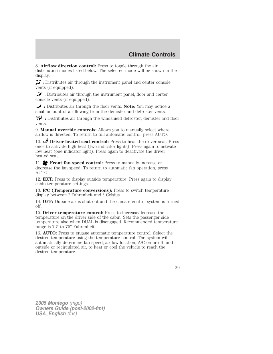 Climate controls | Mercury Mountaineer 2005 User Manual | Page 29 / 264