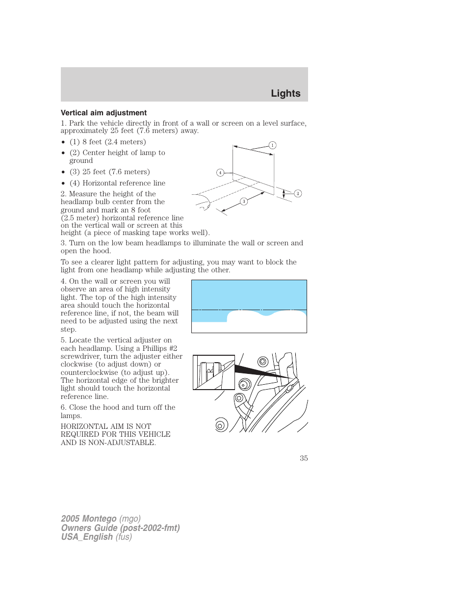 Vertical aim adjustment, Lights | Mercury Mountaineer 2005 User Manual | Page 35 / 264