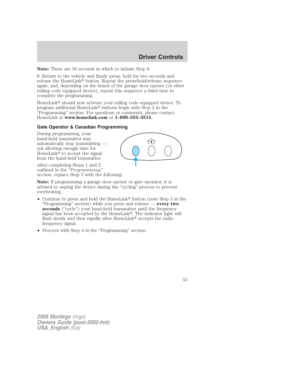 Gate operator & canadian programming, Driver controls | Mercury Mountaineer 2005 User Manual | Page 55 / 264
