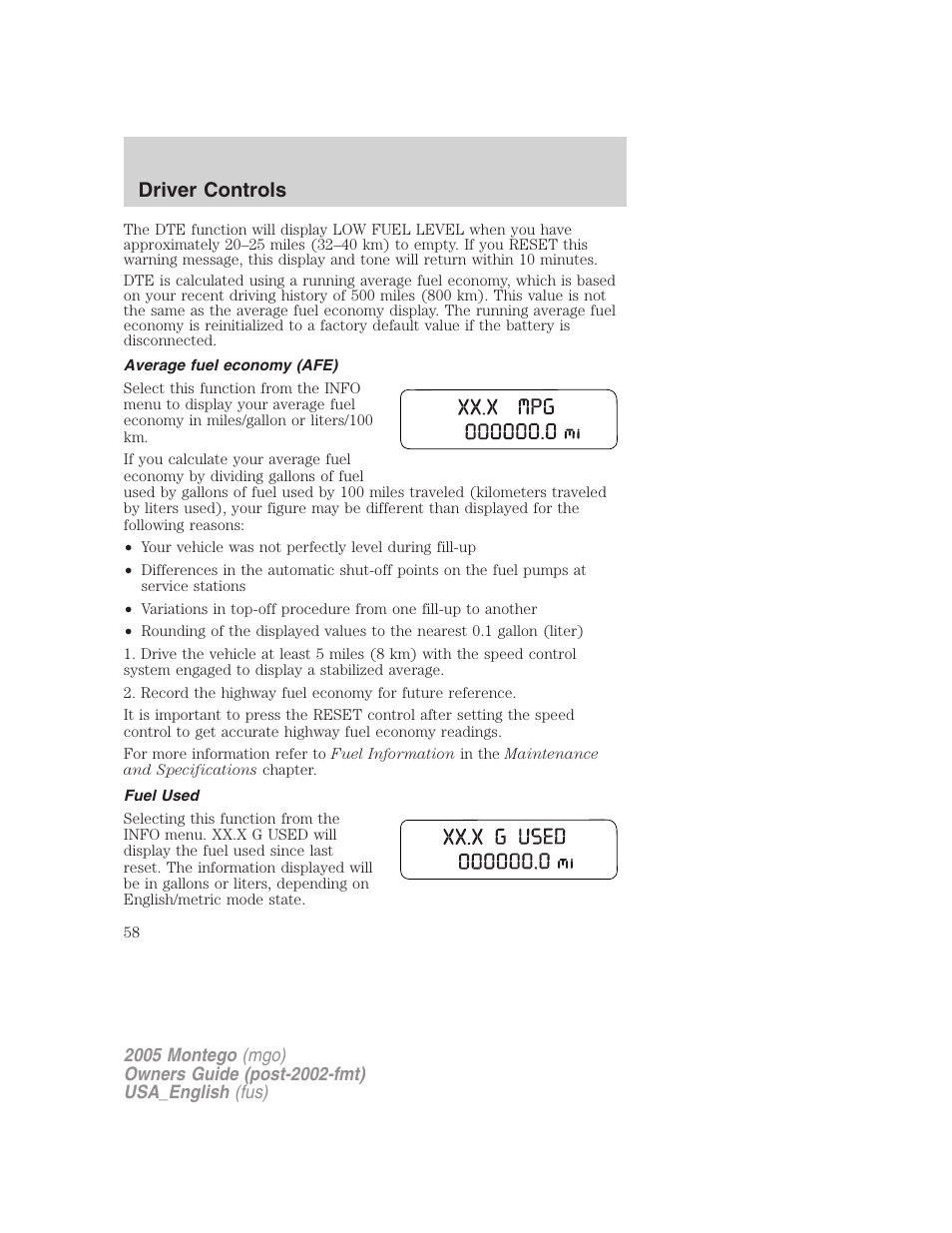 Average fuel economy (afe), Fuel used, Driver controls | Mercury Mountaineer 2005 User Manual | Page 58 / 264