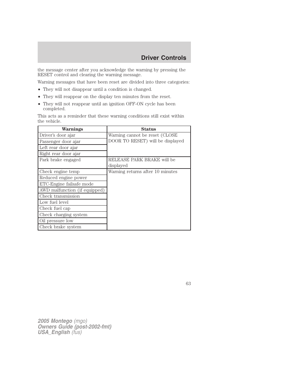 Driver controls | Mercury Mountaineer 2005 User Manual | Page 63 / 264
