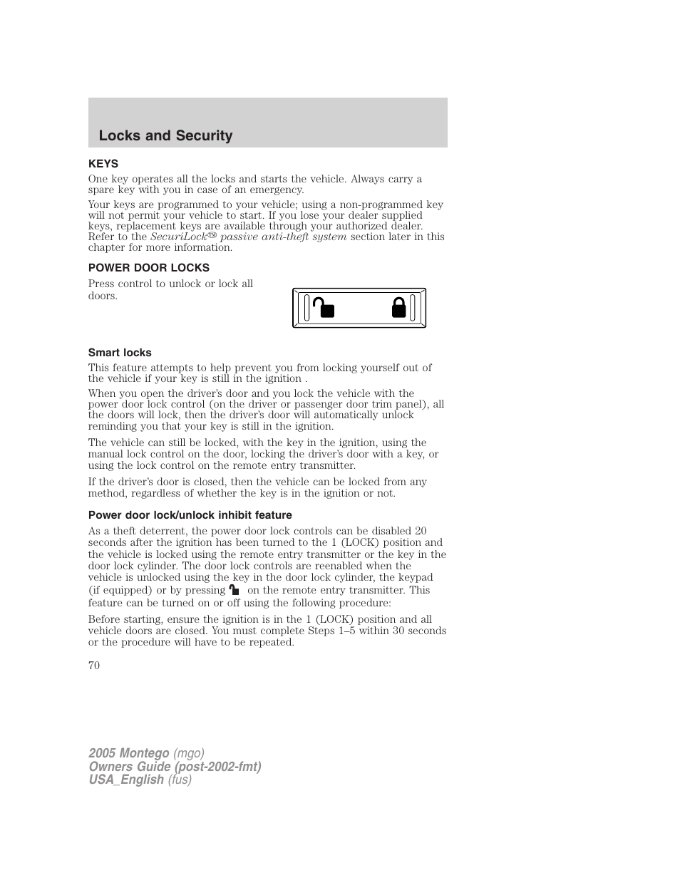 Locks and security, Keys, Power door locks | Smart locks, Power door lock/unlock inhibit feature, Locks | Mercury Mountaineer 2005 User Manual | Page 70 / 264