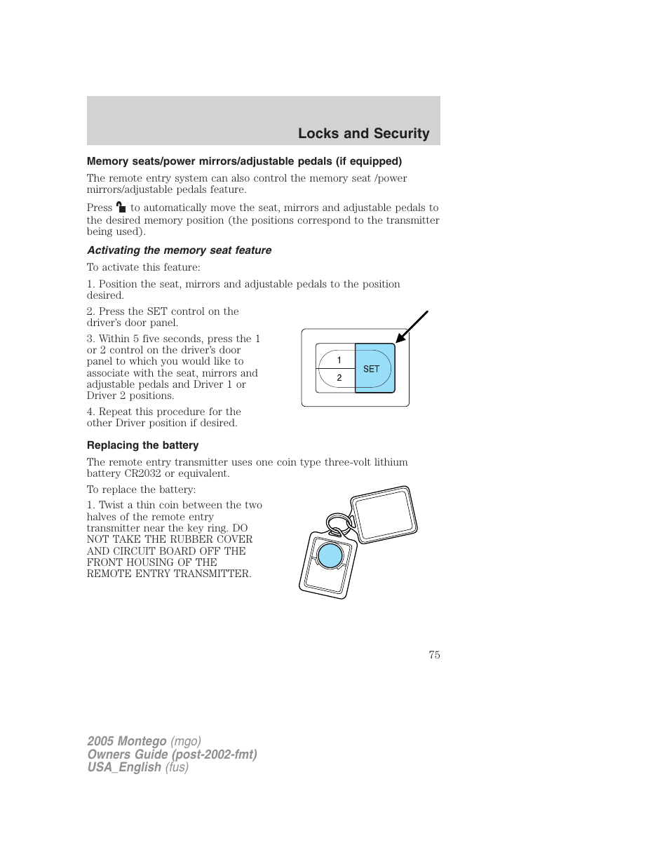 Activating the memory seat feature, Replacing the battery, Locks and security | Mercury Mountaineer 2005 User Manual | Page 75 / 264