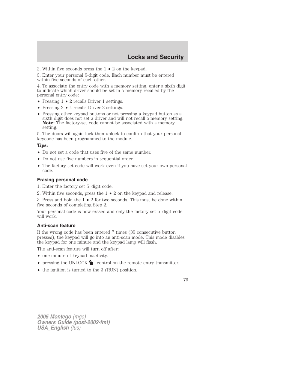 Erasing personal code, Anti-scan feature, Locks and security | Mercury Mountaineer 2005 User Manual | Page 79 / 264