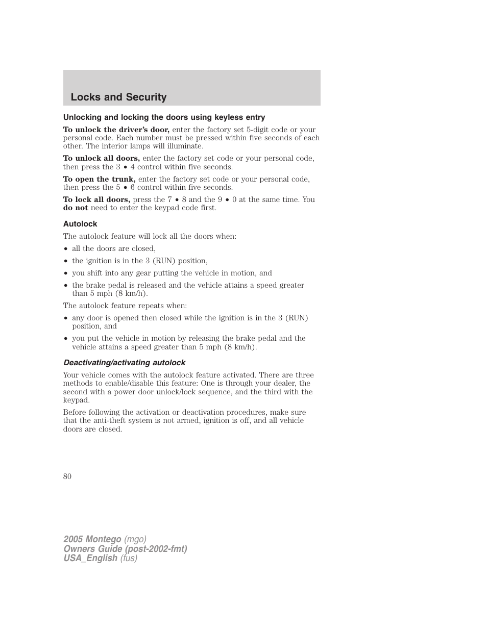 Autolock, Deactivating/activating autolock, Locks and security | Mercury Mountaineer 2005 User Manual | Page 80 / 264