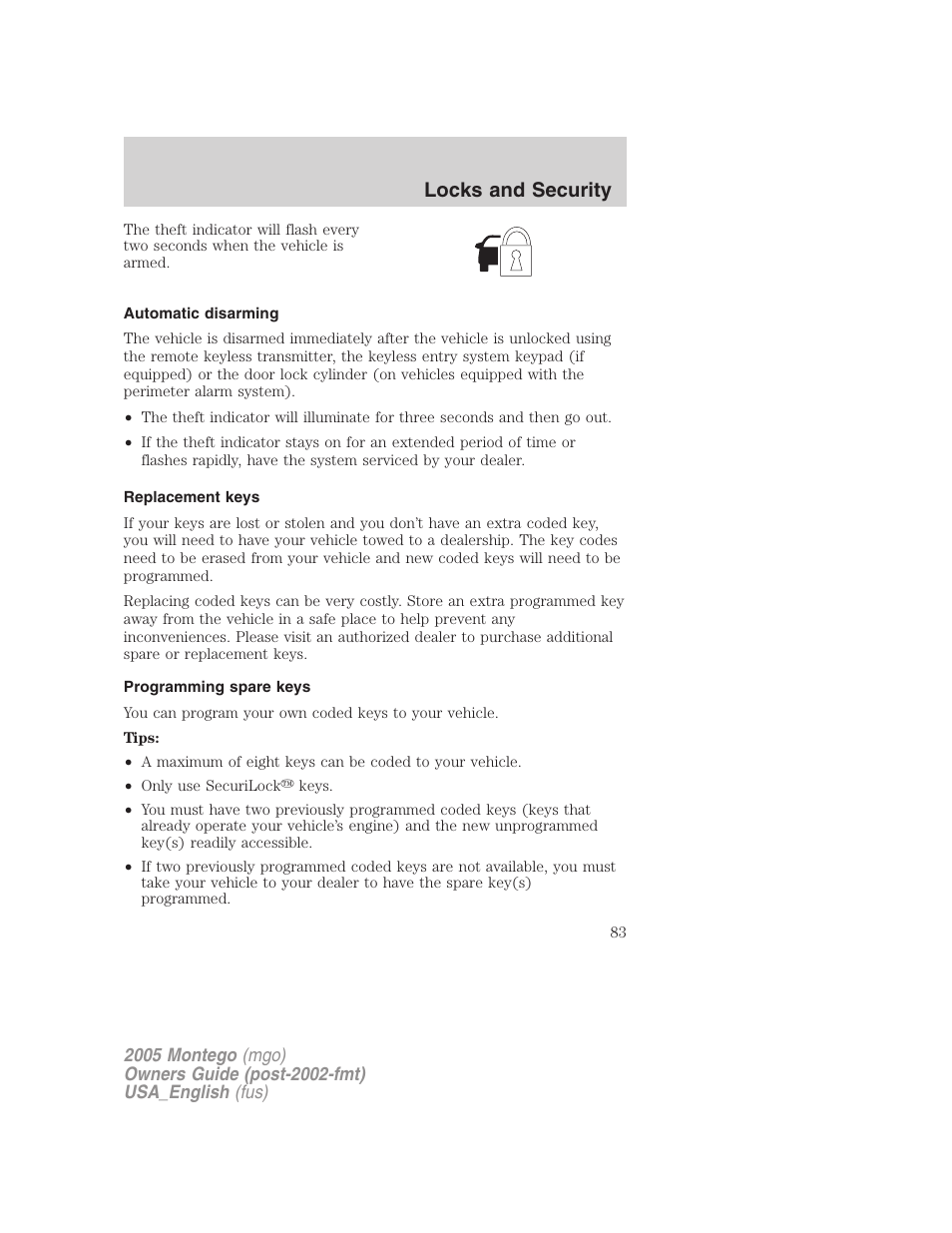 Automatic disarming, Replacement keys, Programming spare keys | Locks and security | Mercury Mountaineer 2005 User Manual | Page 83 / 264