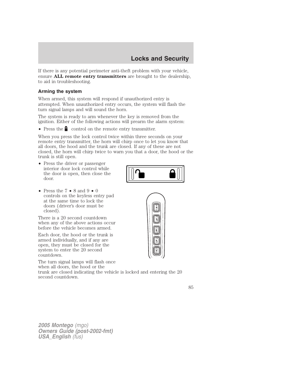 Arming the system, Locks and security | Mercury Mountaineer 2005 User Manual | Page 85 / 264