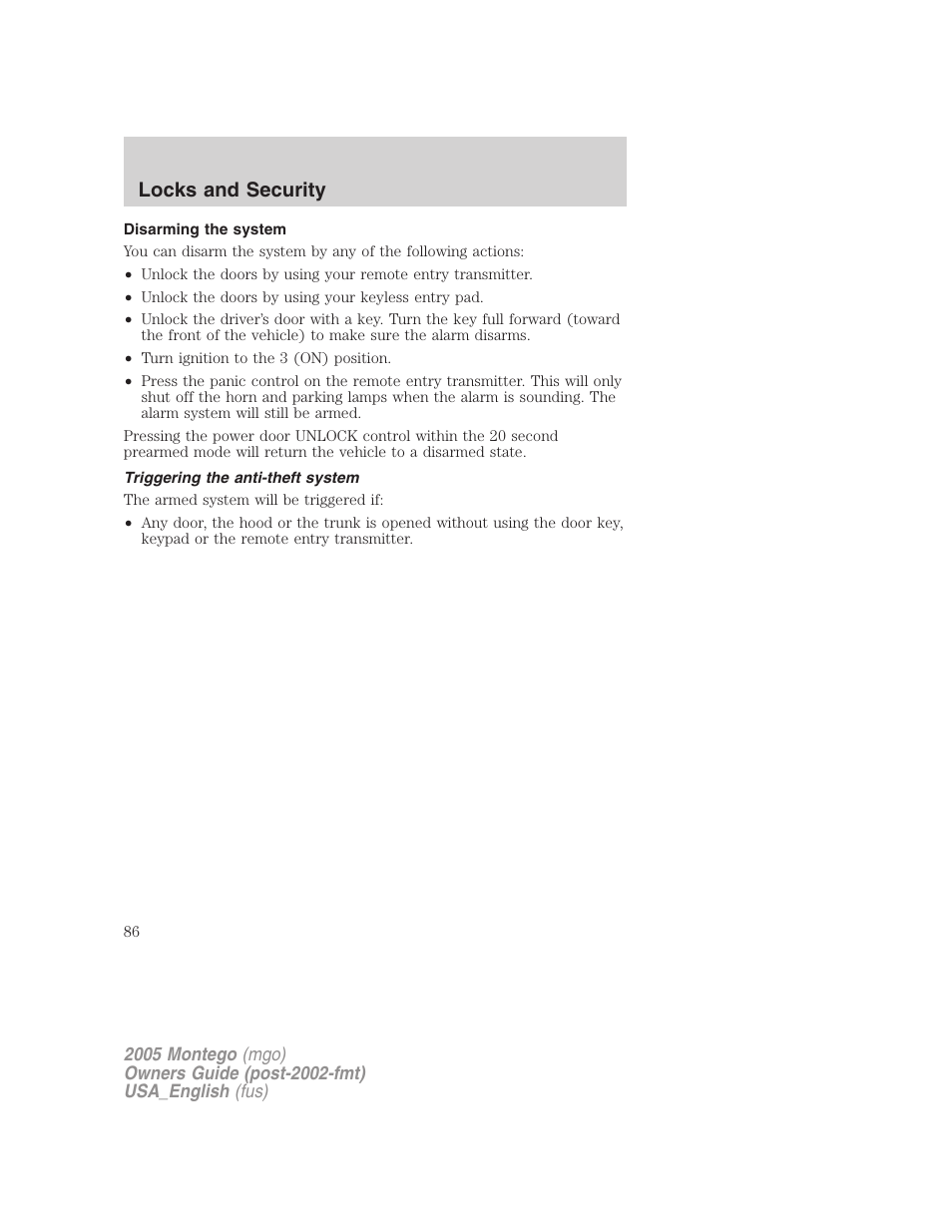 Disarming the system, Triggering the anti-theft system, Locks and security | Mercury Mountaineer 2005 User Manual | Page 86 / 264