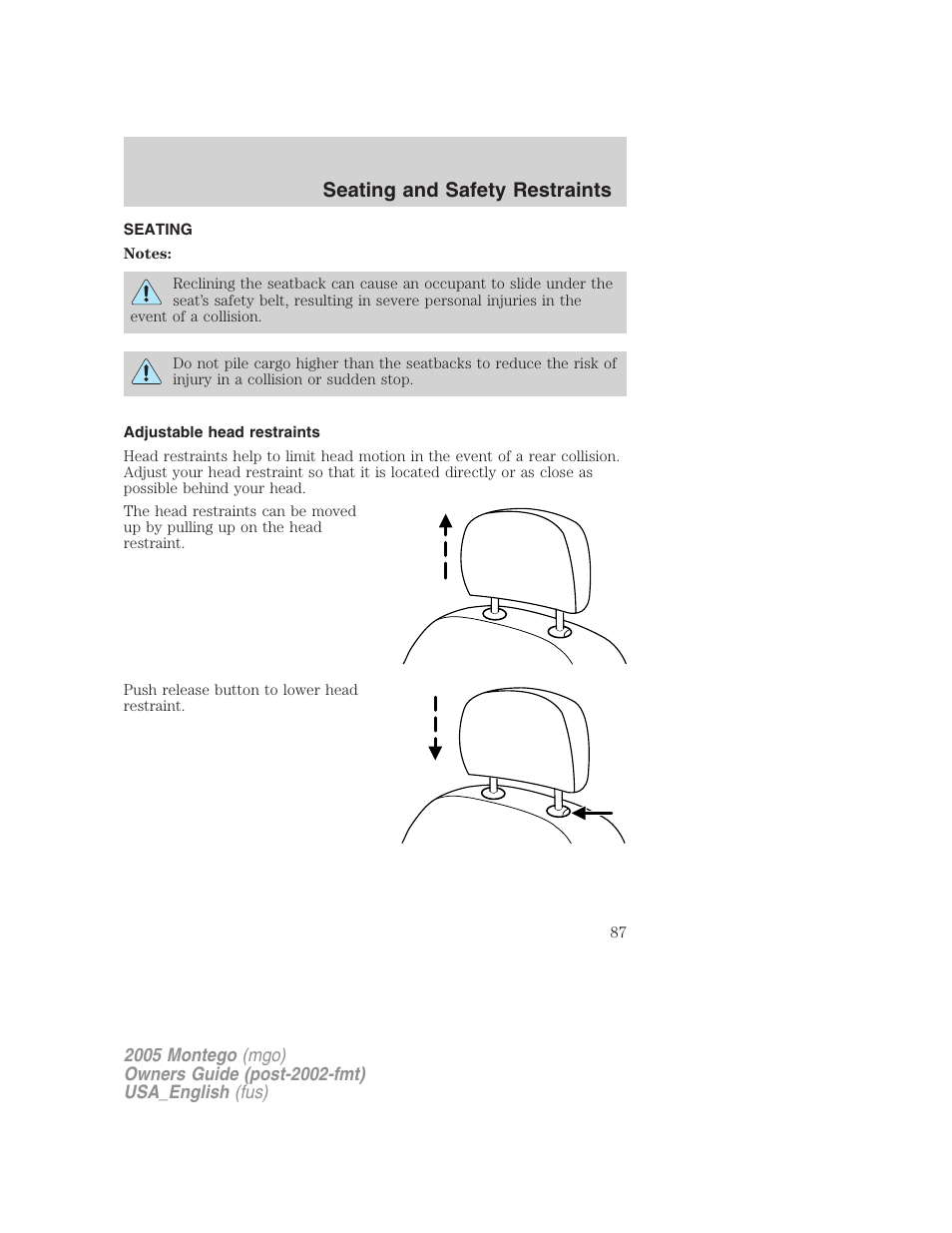 Seating and safety restraints, Seating, Adjustable head restraints | Mercury Mountaineer 2005 User Manual | Page 87 / 264