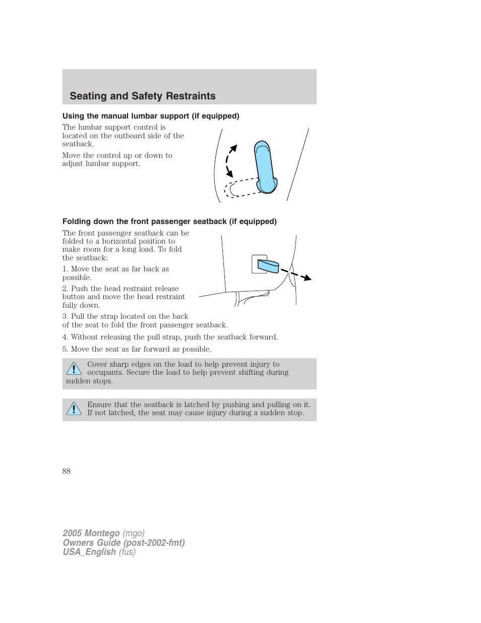 Using the manual lumbar support (if equipped), Seating and safety restraints | Mercury Mountaineer 2005 User Manual | Page 88 / 264