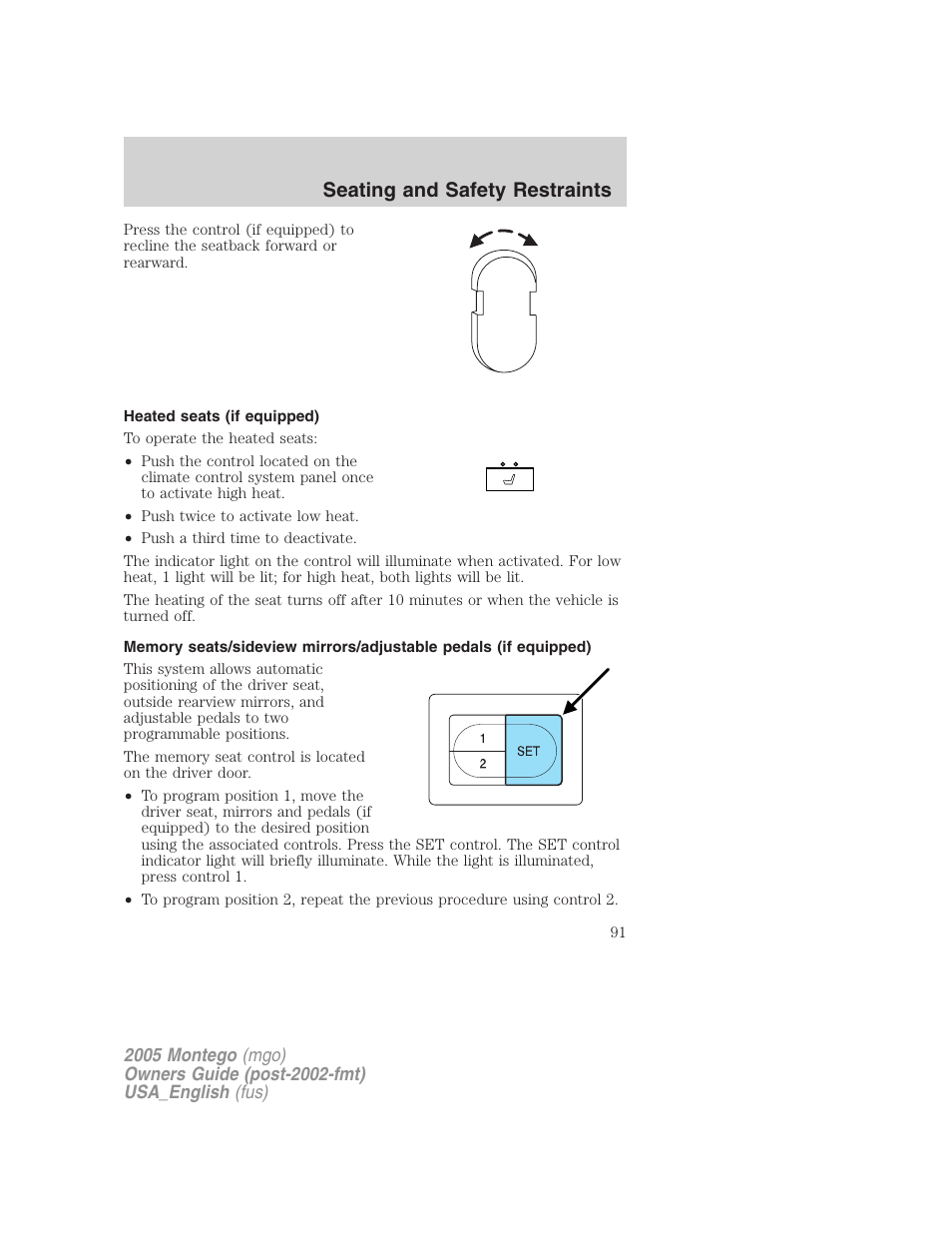 Heated seats (if equipped), Seating and safety restraints | Mercury Mountaineer 2005 User Manual | Page 91 / 264