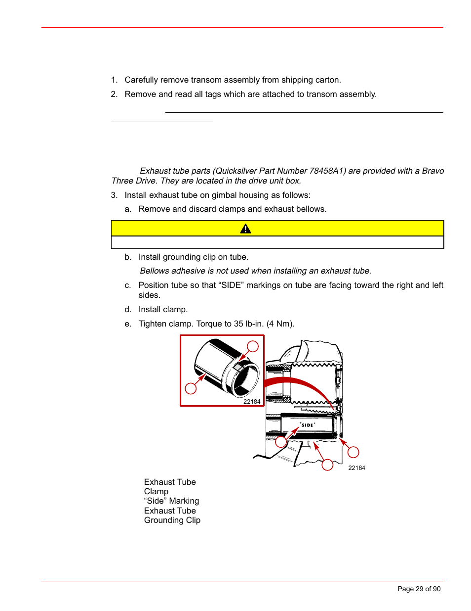 Installing transom assembly, Gimbal housing, Caution | Mercury INSTALLATION MANUAL D7.3L D-TRONIC User Manual | Page 29 / 90