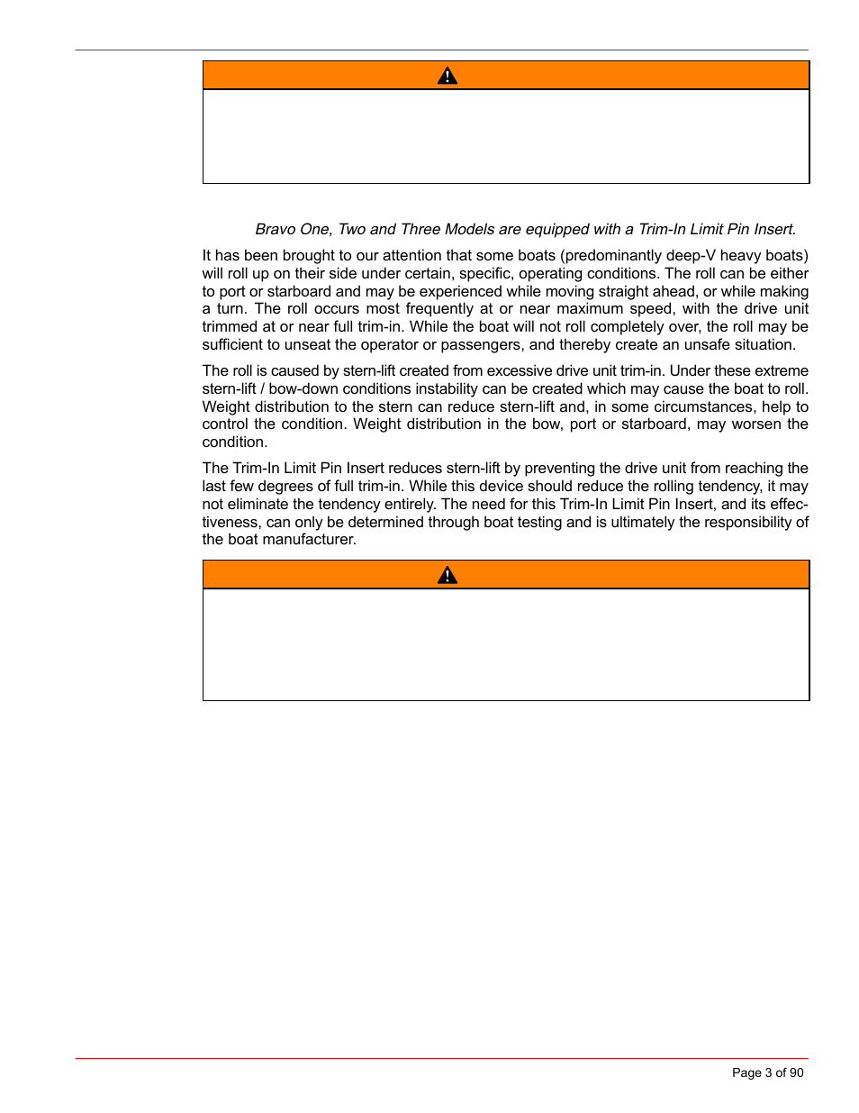 Bravo three notice: trim-in limit pin, Warning, Notice on bravo trim-in limit | Mercury INSTALLATION MANUAL D7.3L D-TRONIC User Manual | Page 3 / 90