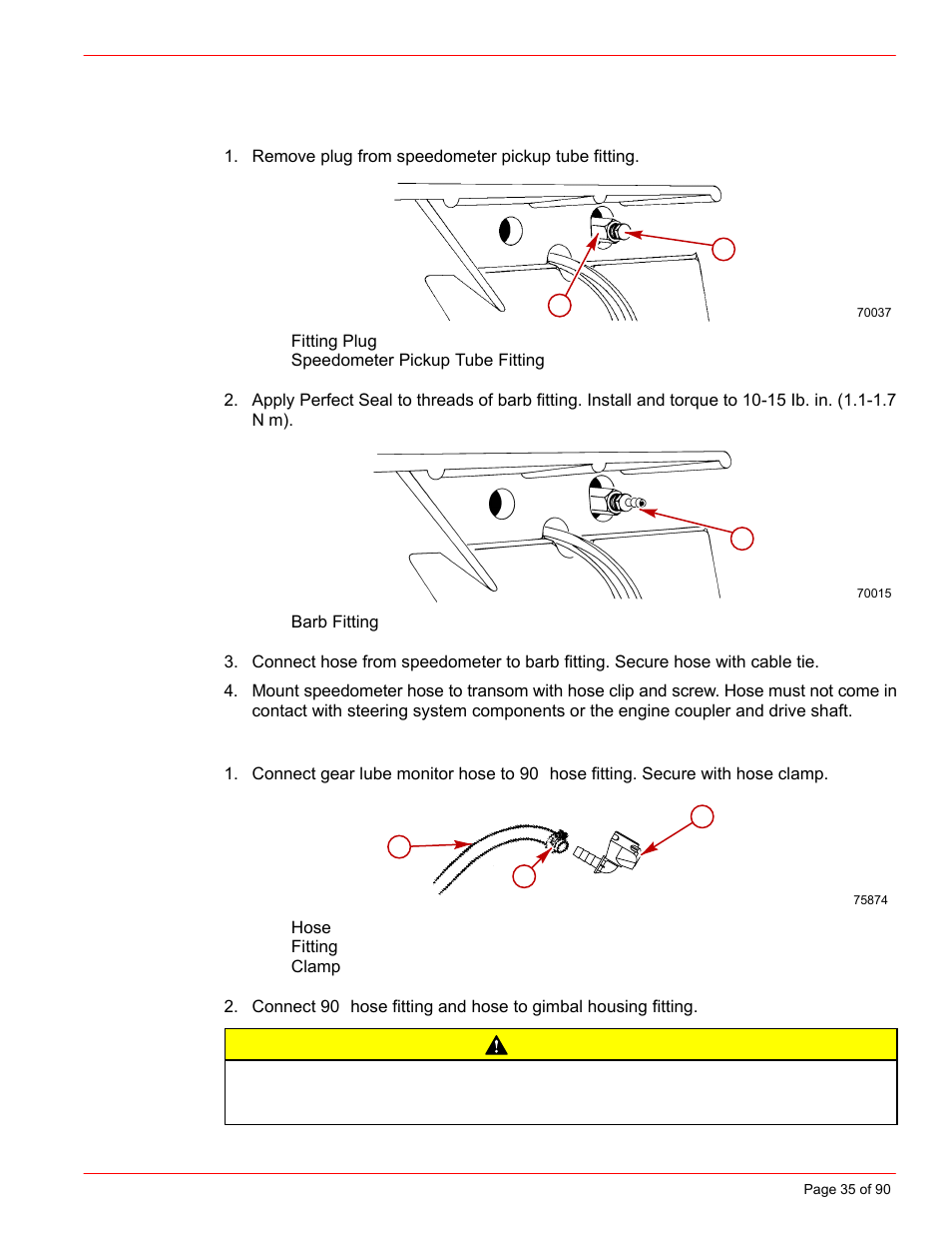 Speedometer pickup, Drive unit gear lube monitor hose, Caution | Mercury INSTALLATION MANUAL D7.3L D-TRONIC User Manual | Page 35 / 90