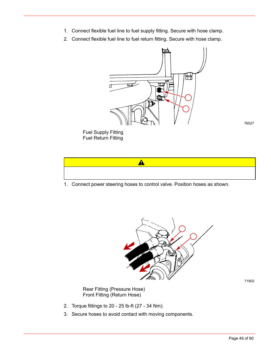 Fuel lines, Power steering hydraulic hoses, Caution | Mercury INSTALLATION MANUAL D7.3L D-TRONIC User Manual | Page 49 / 90