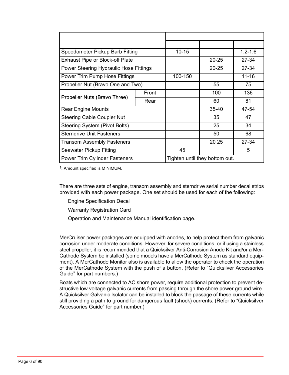 Torque specifications, Serial number decal placement, Corrosion protection | Mercury INSTALLATION MANUAL D7.3L D-TRONIC User Manual | Page 6 / 90