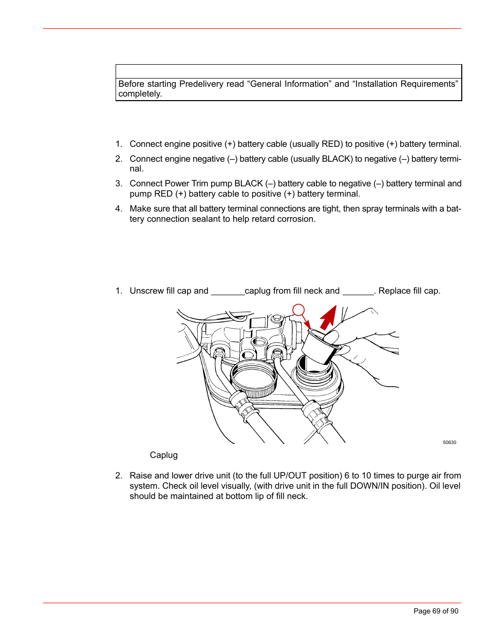 Predelivery preparation, Battery connection, Power trim pump | Mercury INSTALLATION MANUAL D7.3L D-TRONIC User Manual | Page 69 / 90