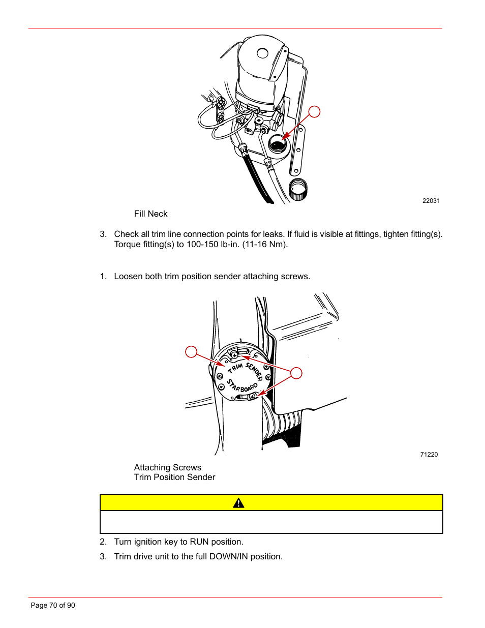 Caution, Trim position sender adjustment | Mercury INSTALLATION MANUAL D7.3L D-TRONIC User Manual | Page 70 / 90