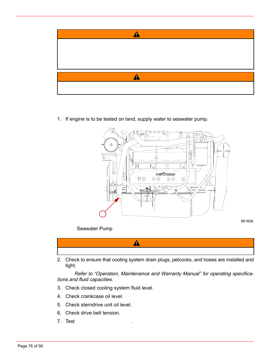 Warning, Test running engine | Mercury INSTALLATION MANUAL D7.3L D-TRONIC User Manual | Page 76 / 90