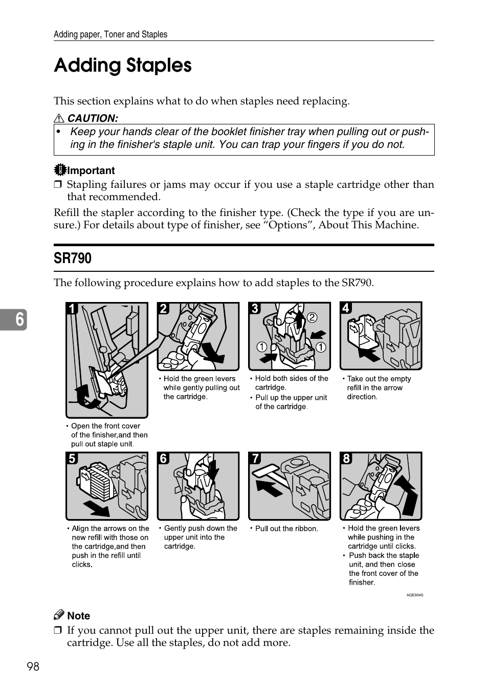 Adding staples, Sr790, See p.98 “adding staples | 6adding staples | Microsoft C4500 User Manual | Page 106 / 136