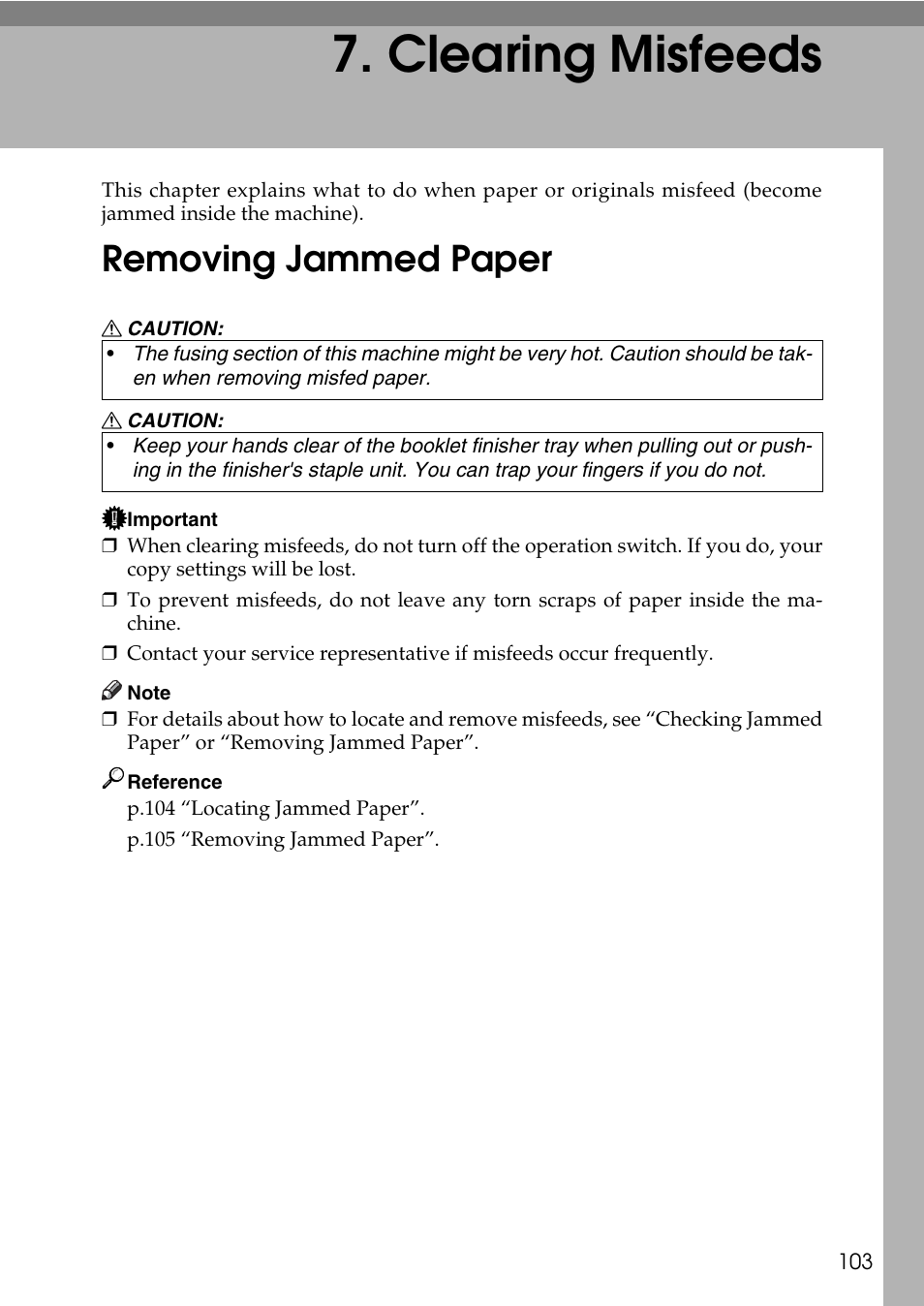  clearing misfeeds, Removing jammed paper, Clearing misfeeds | See p.103 “removing jammed paper, See p.103 “re, Moving jammed paper | Microsoft C4500 User Manual | Page 111 / 136