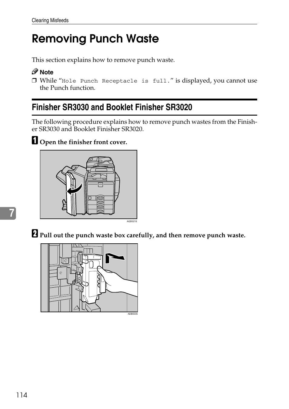 Removing punch waste, Finisher sr3030 and booklet finisher sr3020, See p.114 “removing punch waste | 7removing punch waste | Microsoft C4500 User Manual | Page 122 / 136