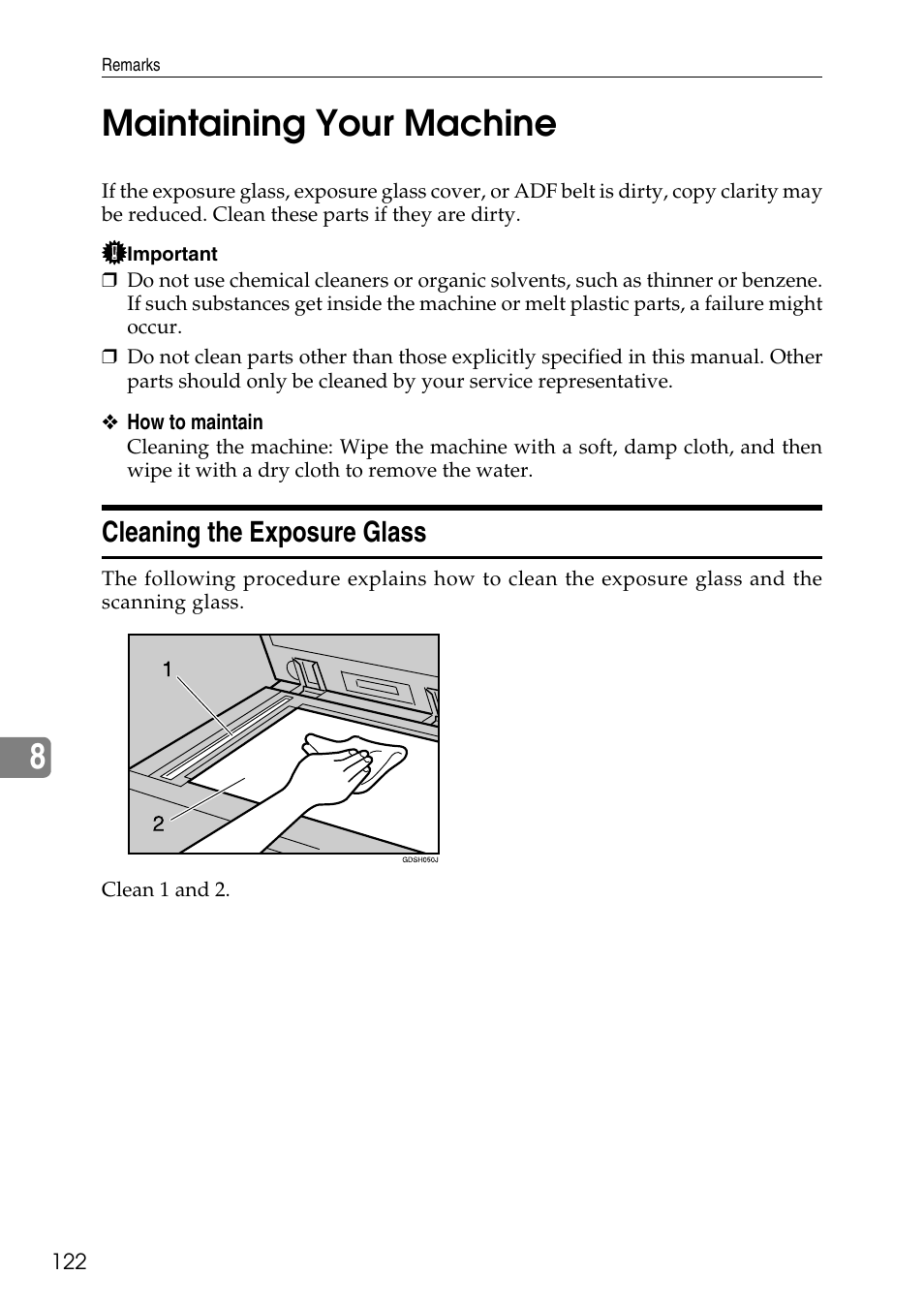 Maintaining your machine, Cleaning the exposure glass, 8maintaining your machine | Microsoft C4500 User Manual | Page 130 / 136