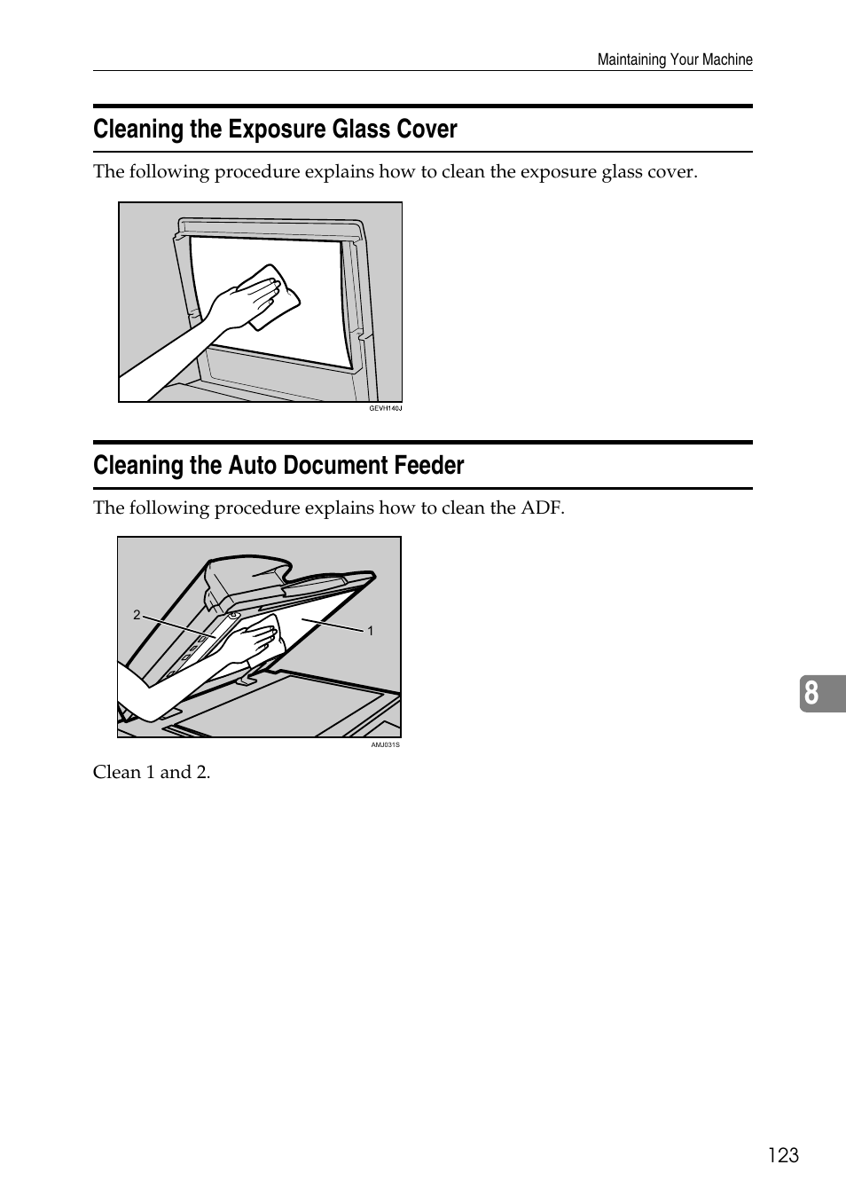 Cleaning the exposure glass cover, Cleaning the auto document feeder | Microsoft C4500 User Manual | Page 131 / 136