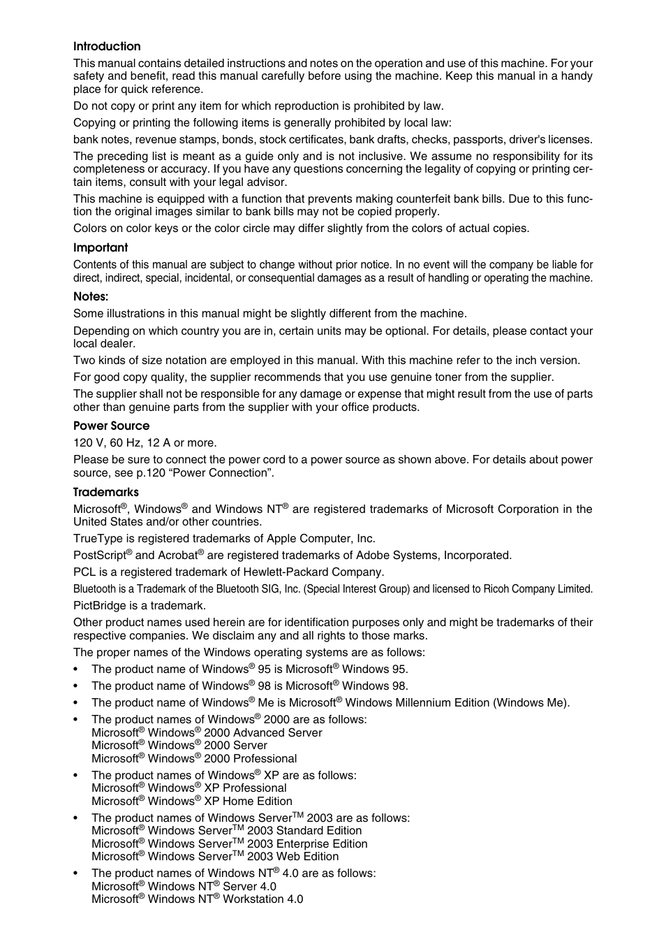 Introduction, Important, Notes | Power source, Trademarks | Microsoft C4500 User Manual | Page 2 / 136