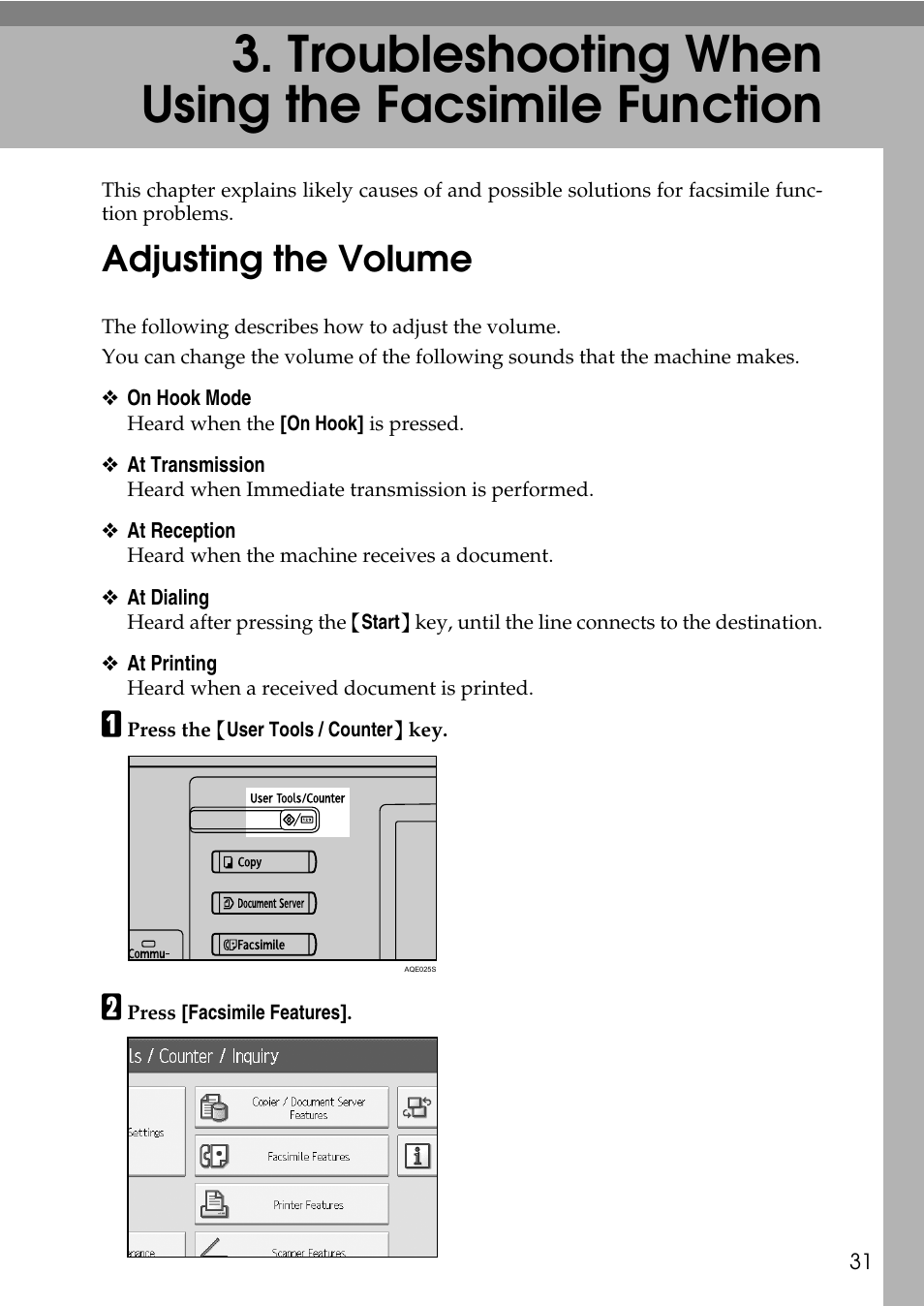 Adjusting the volume, Troubleshooting when using the facsimile function | Microsoft C4500 User Manual | Page 39 / 136