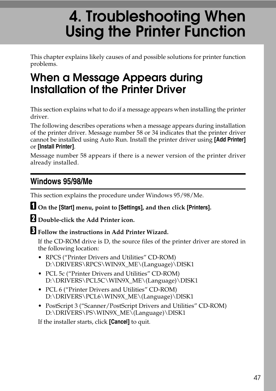  troubleshooting when using the printer function, Windows 95/98/me, Troubleshooting when using the printer function | Microsoft C4500 User Manual | Page 55 / 136