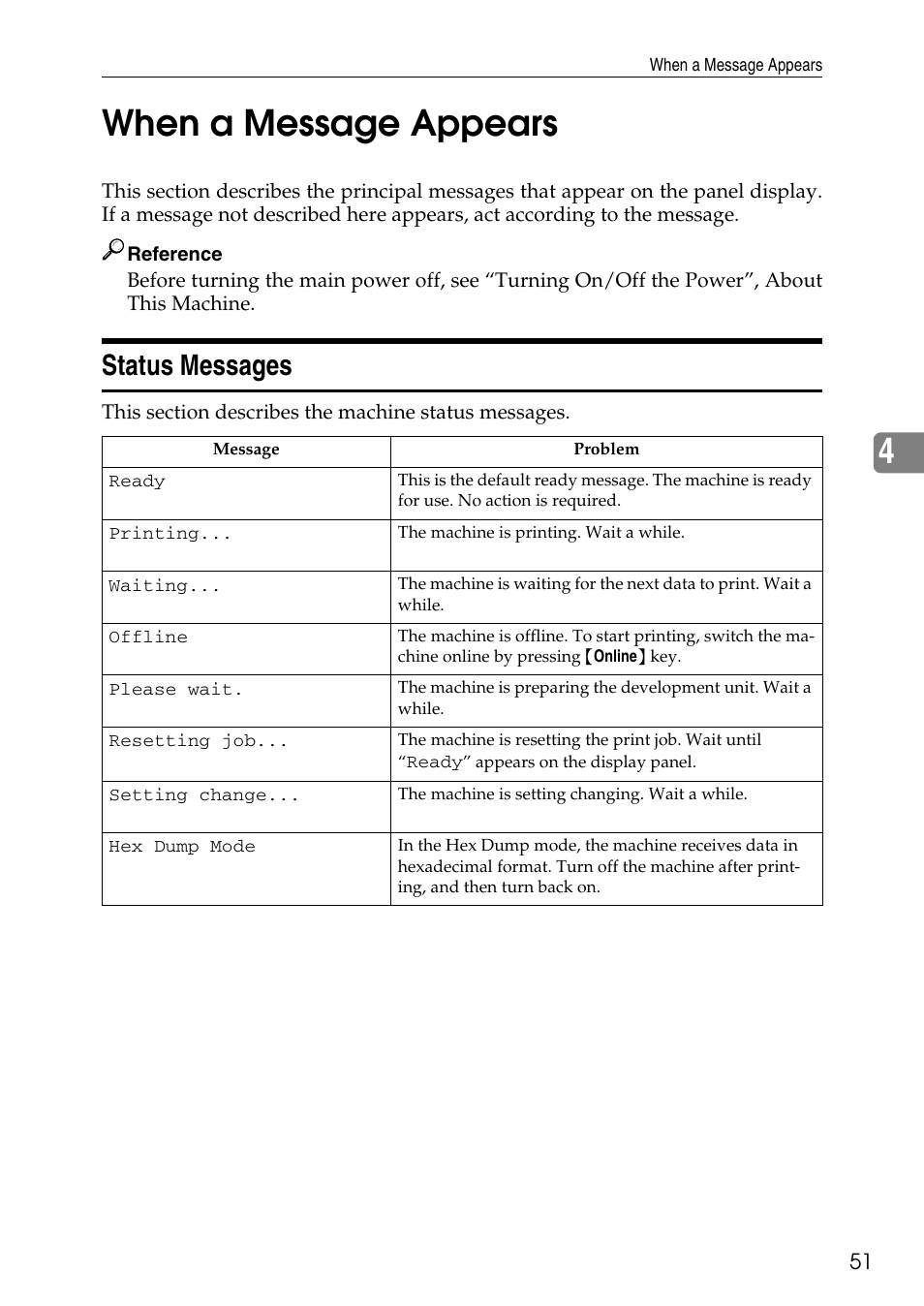 When a message appears, Status messages, 4when a message appears | Microsoft C4500 User Manual | Page 59 / 136