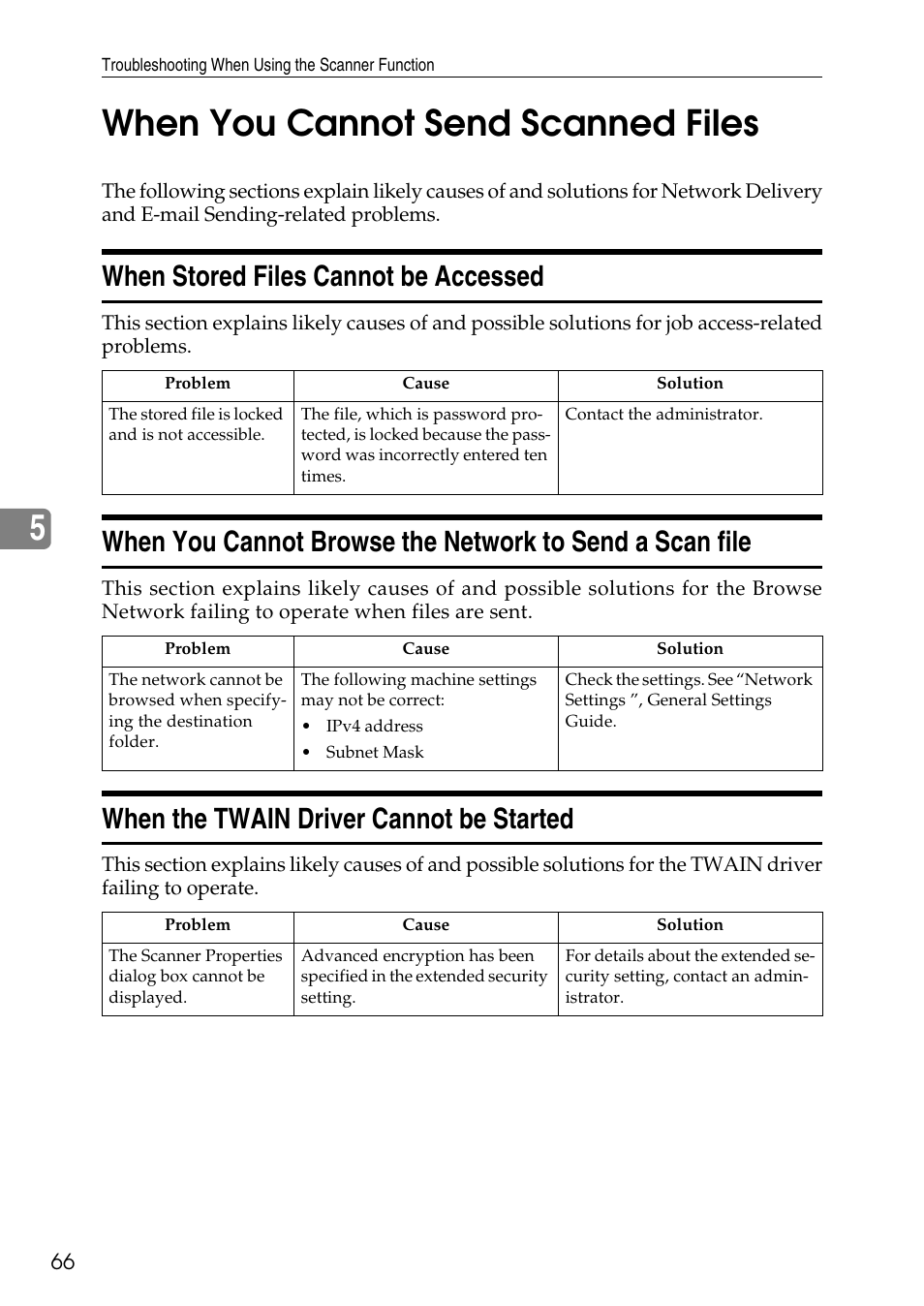 When you cannot send scanned files, When stored files cannot be accessed, When the twain driver cannot be started | 5when you cannot send scanned files | Microsoft C4500 User Manual | Page 74 / 136