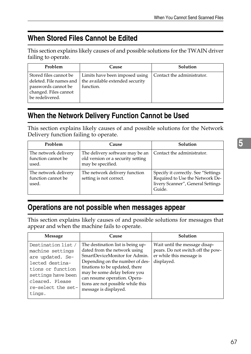 When stored files cannot be edited, When the network delivery function cannot be used, Operations are not possible when messages appear | Microsoft C4500 User Manual | Page 75 / 136